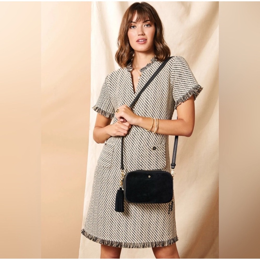 Spartina 449 Willette Tweed Shift Dress Women 8 Black Cream Fringe V-Neck Career